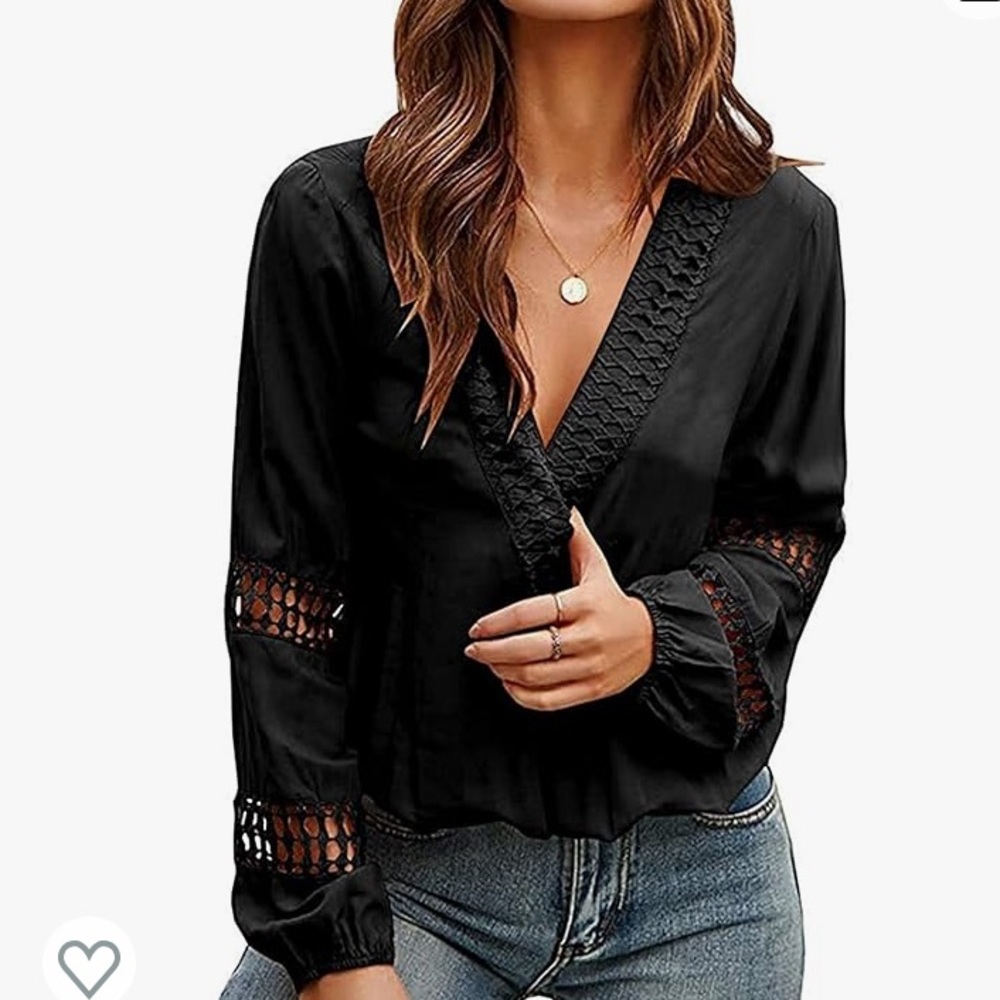 NWOT Viracy V Neck Crotchet Cut Out Long Lantern Sleeve Blouse Size Small Black
